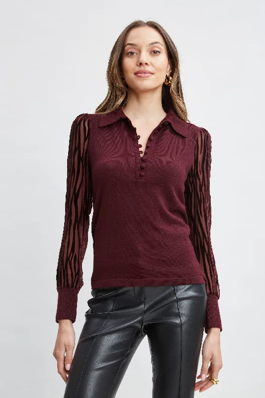 Velvet Burnout Sleeve Polo Sweater