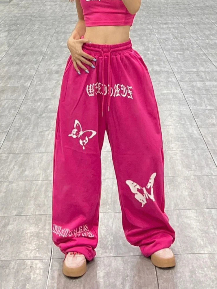 Y2k Women's Sports Pants Streetwear Baggy Pattern Wide Leg Pants