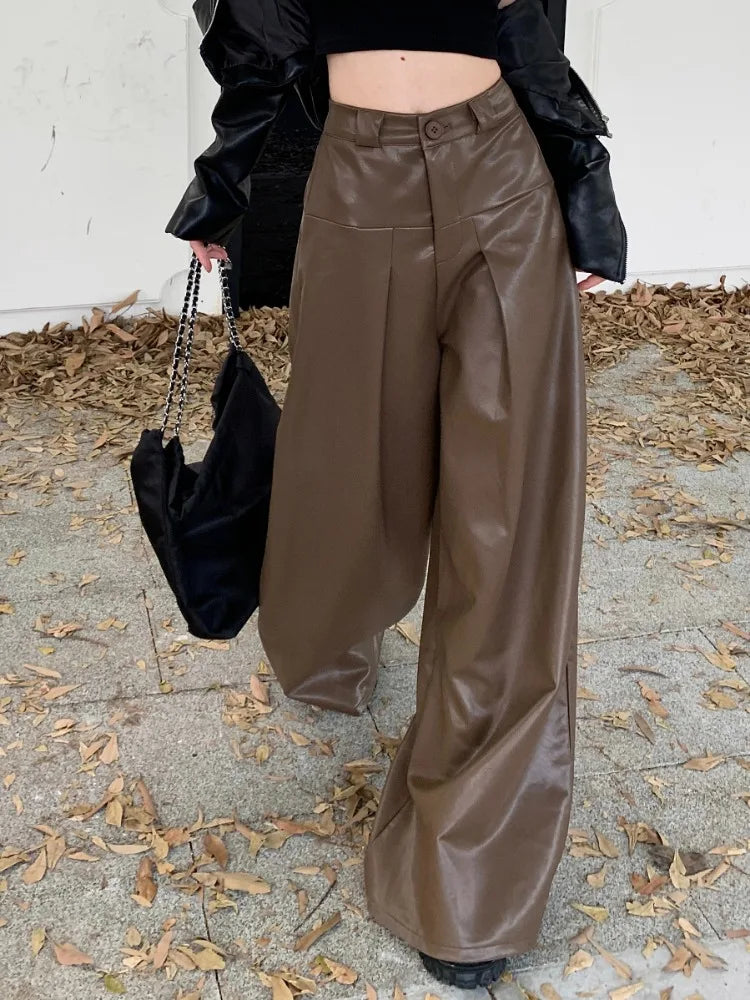 Vintage Wide Leg Leather Pants High Waist Pants Women Loose Pants