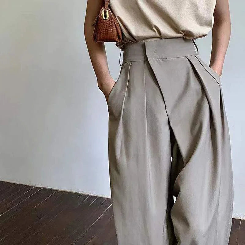 Khaki Wide Leg Women's Pantsuit Classic Vintage Palazzo Office Elegant Trouser Work Pants