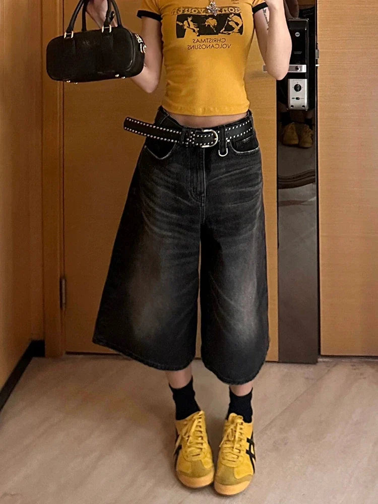 Calf-Length Shorts Jeans Women Streetwear Vintage Oversize Wide Leg Denim Pants