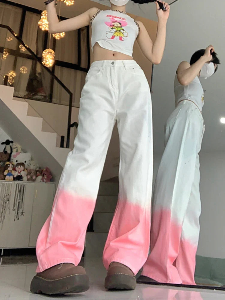 Y2k Pink Fashion High Waist Wide Leg Jeans Streetwear Baggy Pants