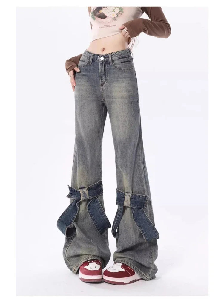 Women Denim Y2k Loose Bow Straight High Waist Pants Streetwear Wide Leg Pants