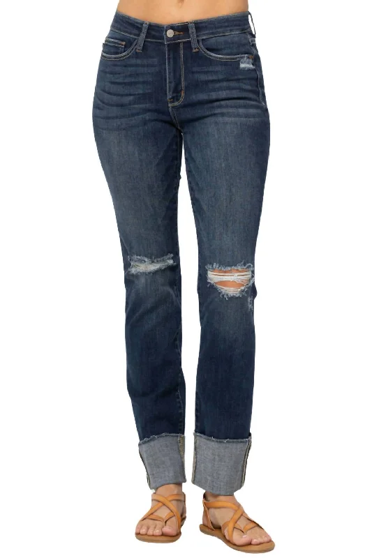 Destroyed Cuffed Straight Leg Jeans In Blue