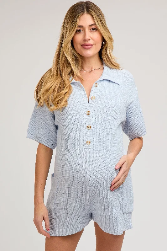 Light Blue Sweater Knit Front Button Maternity Romper