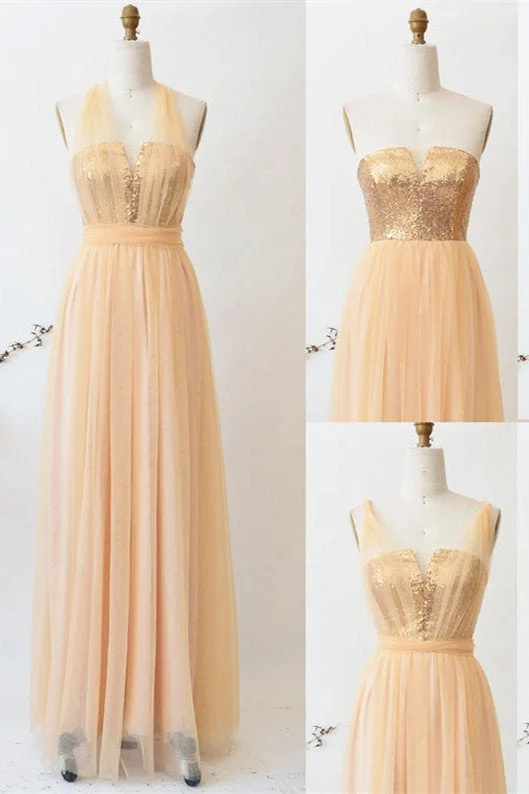 A-Line Champagne Tulle Mismatched Bridesmaid Dress