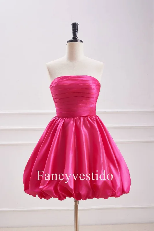 A-Line Strapless Fuchsia Pleated Short Party Dress