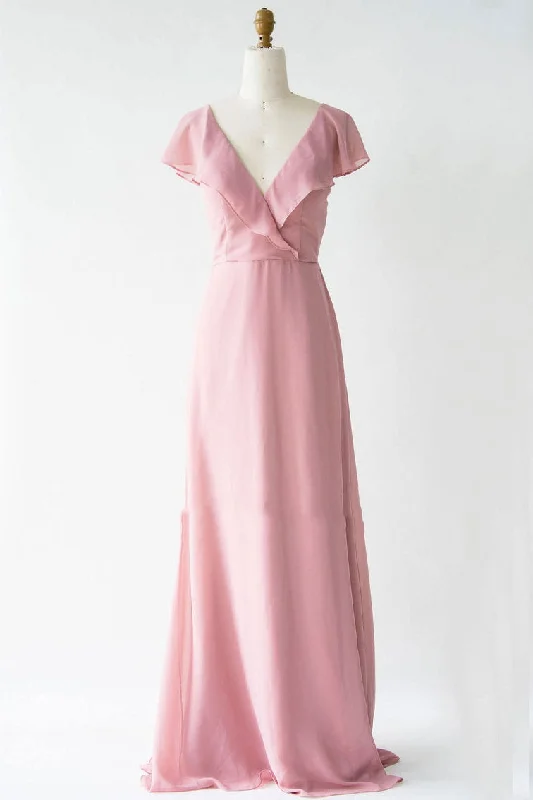 Blush Pink V-Neck Chiffon A-Line Bridesmaid Dress