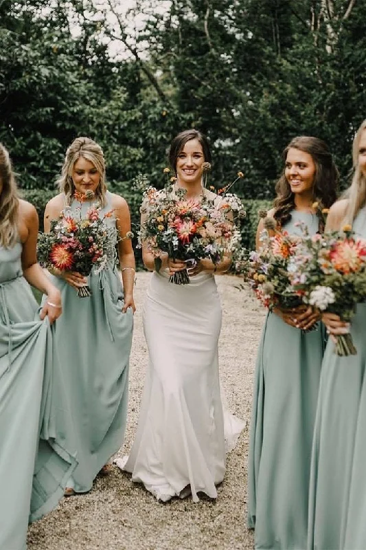 Crew Neck A-Line Sage Green Long Bridesmaid Dress