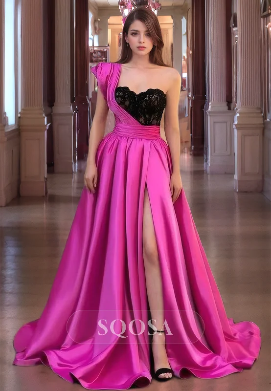 Sweetheart One-Strap A-Line Sleeveless Slit Prom Dress Satin with Black Lace Trimmed