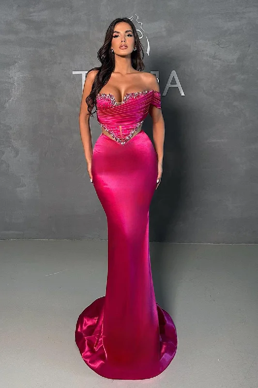 Strapless Satin Pleats Beads Mermaid Formal Evening Dress QP0894