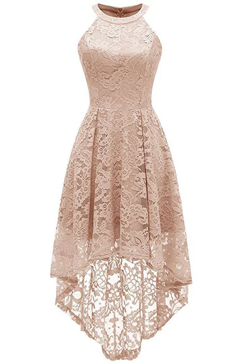 Halter Hi-Low Lace Beige Party Dress