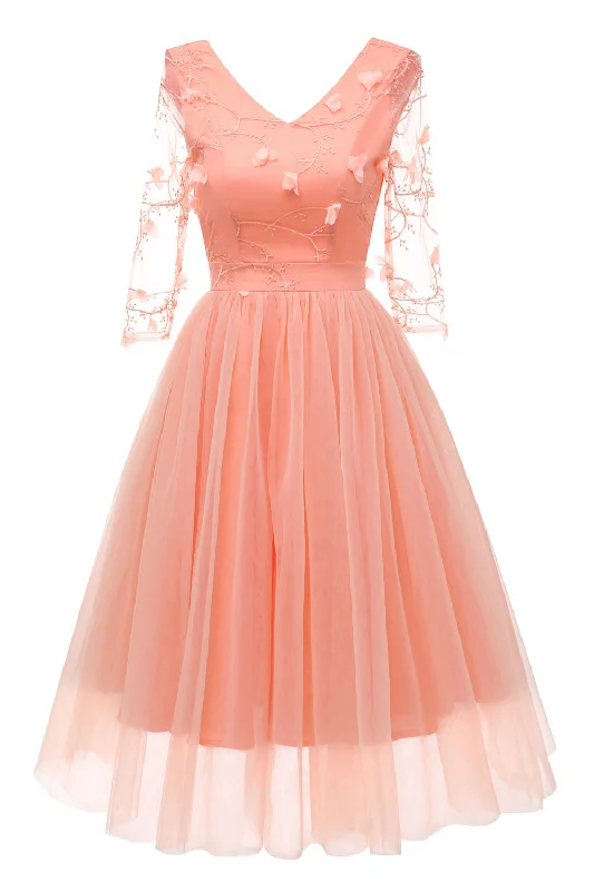 Illusion Sleeves Pearl Pink Chiffon Party Dress