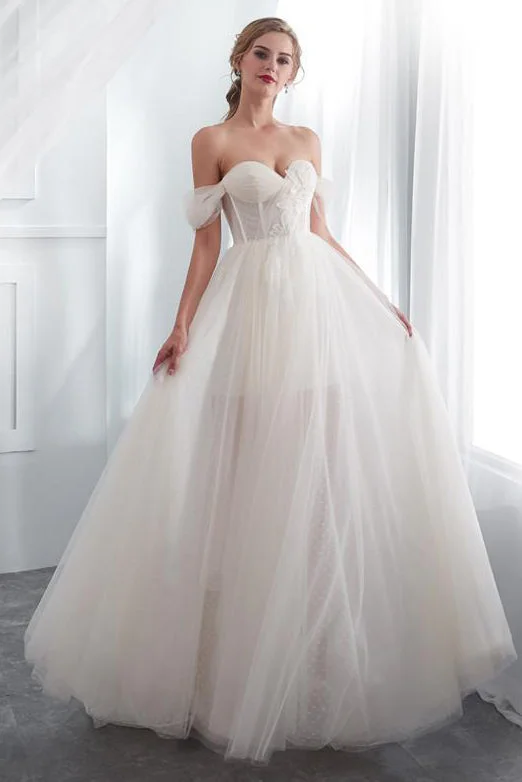 Princess Long Off Shoulder A-line Ivory Wedding Dress