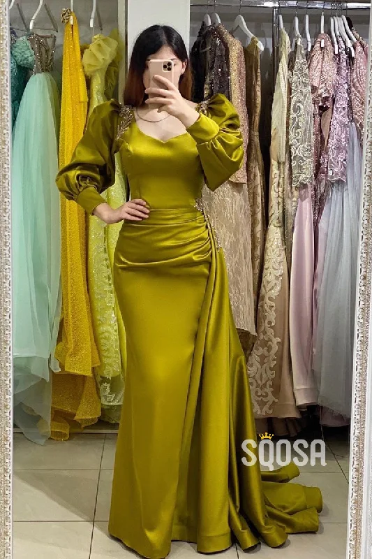 Unique Scoop Long Sleeves Pleats Long Formal Evening Gowns QP0910