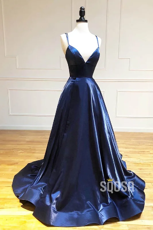 Navy Blue Satin V-neck Spaghetti Straps Simple Prom Dress QP0999A