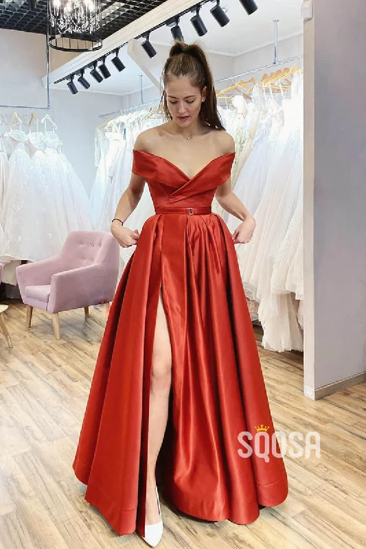 Off-the-Shoulder A-Line Satin Spalit Long Prom Dress with Pockets QP1087