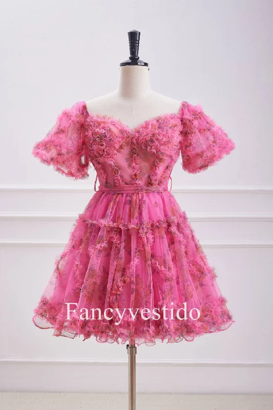 Princess Hot Pink Corset Floral Print Ruffle Homecoming Dress