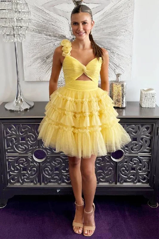 Princess Yellow One Shoulder Knotted Ruffle Short Party Dress