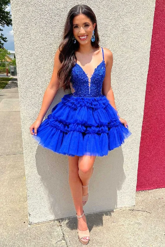 Royal Blue Beaded Lace Corset Ruffle Tulle Homecoming Dress