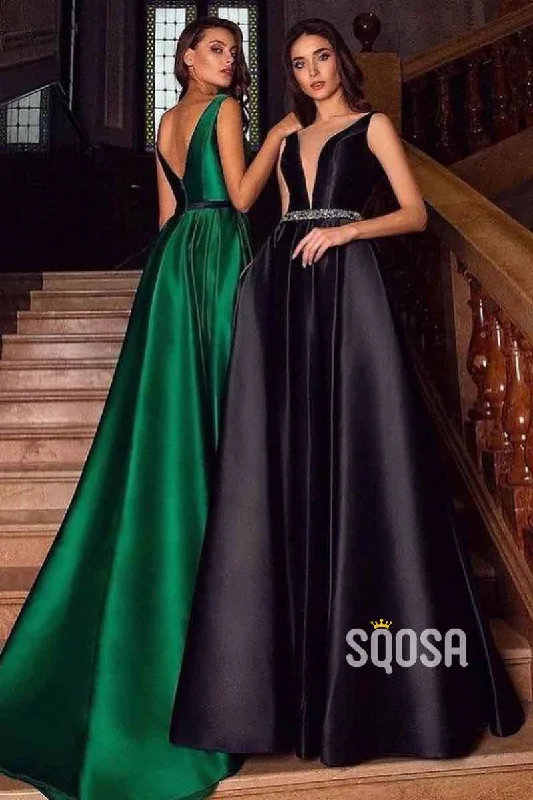 A Line Sexy Deep V neck Satin Eleagnt Long Formal Evening Dress with Pockets QP2244