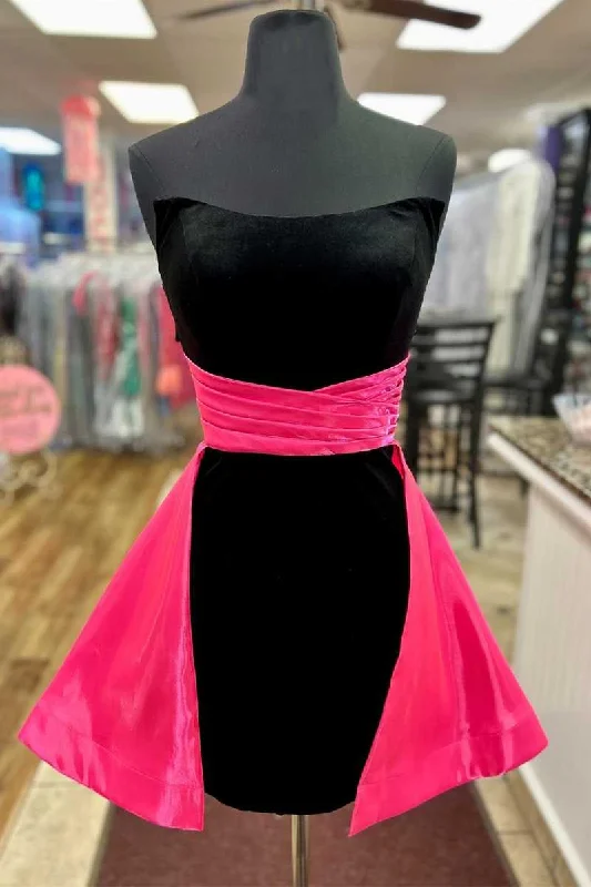 Strapless Black Velvet Cocktail Dress with Train