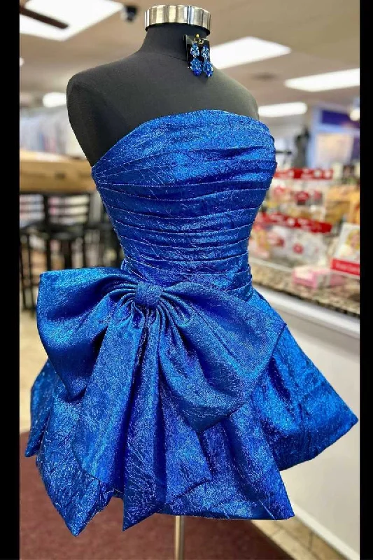 Strapless Royal Blue Ruched Short Homecoming Dress with Bow