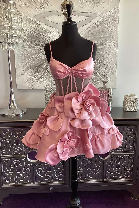 Straps Pink Corset Short Cocktail Dress with Rosette