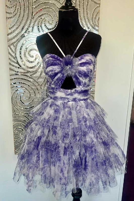 Straps Purple Floral Print Keyhole Ruffle Cocktail Dress