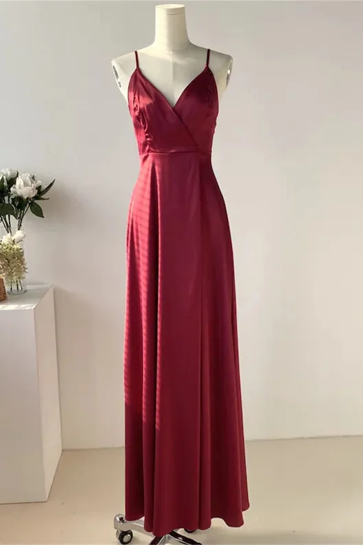 Straps Wine Red Satin Long Bridesmaid Dress