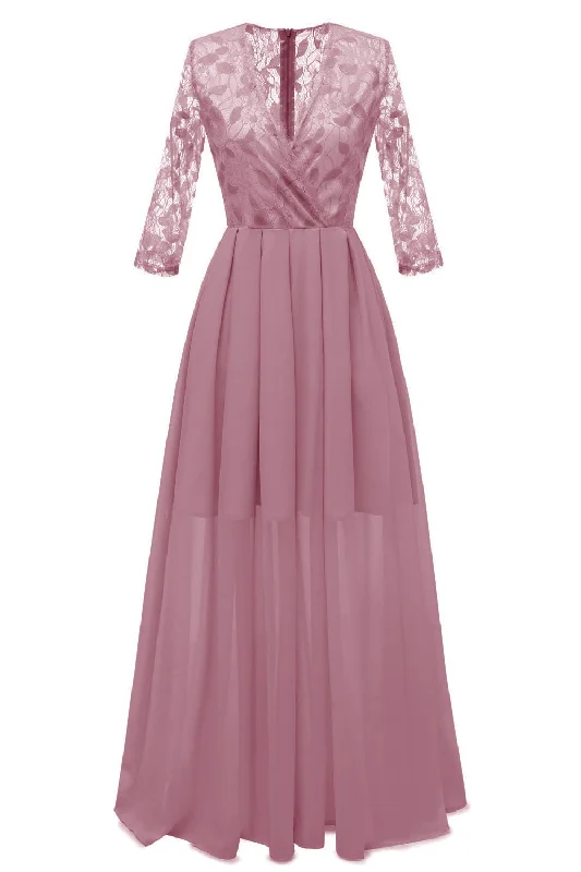 V-Neck Long Sleeves Chiffon Long Pink Party Dress