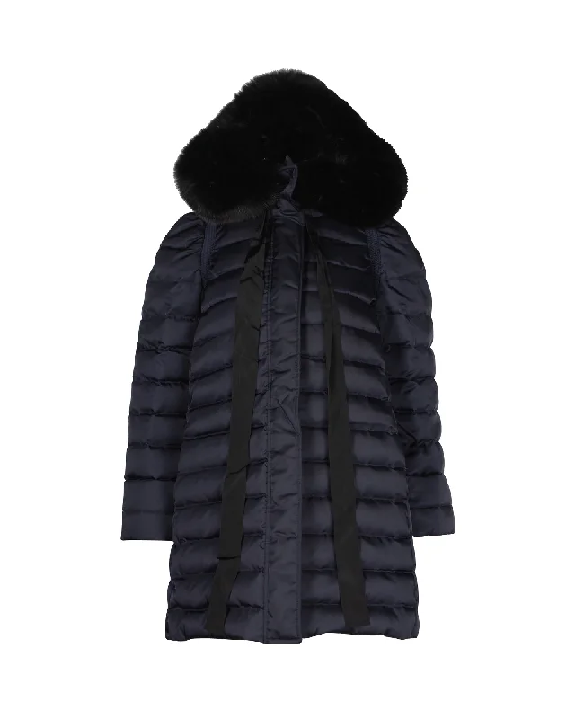 Miu Miu Long Down Coat with Fur Hood in Navy Blue Nylon