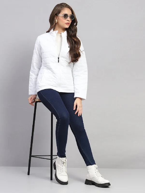 Women White Solid Mock Neck Full Sleeve Jacket