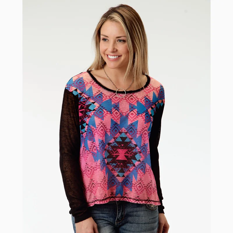 Karman Women's Black and Pink Aztec Long Sleeve Shirt