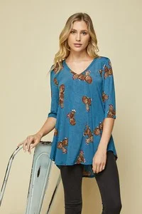 Honeyme Women's Teal Cactus Long Sleeve Shirt Petite and Plus Size