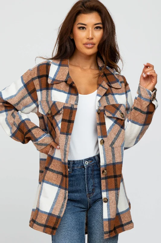 Mocha Plaid Button Down Maternity Over Shirt