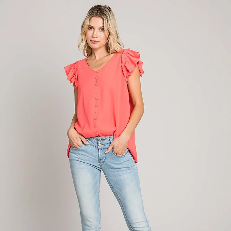 Women's Solid Bubble Ruffle Sleeve Top