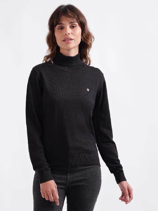 Iconic Women Black Solid High Neck Full Sleeves Sweater