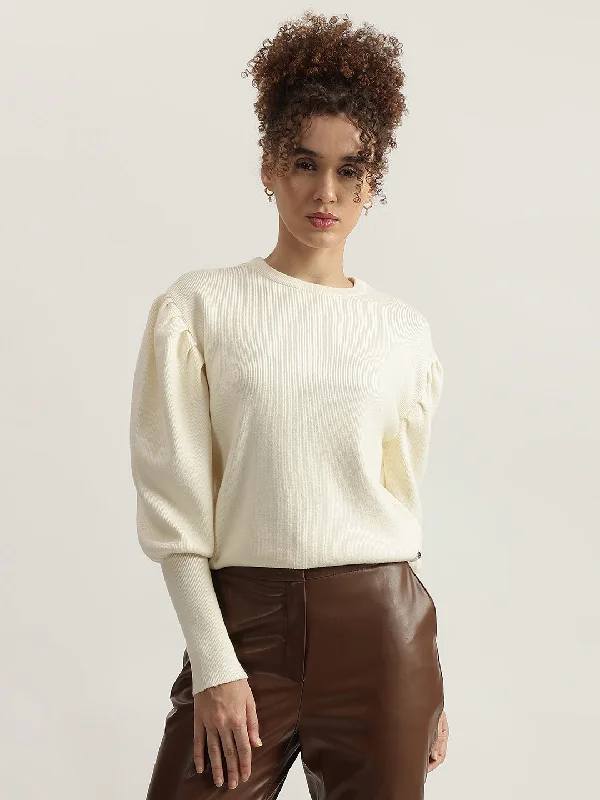 Iconic Women Cream Solid Round Neck Full Sleeves Sweater