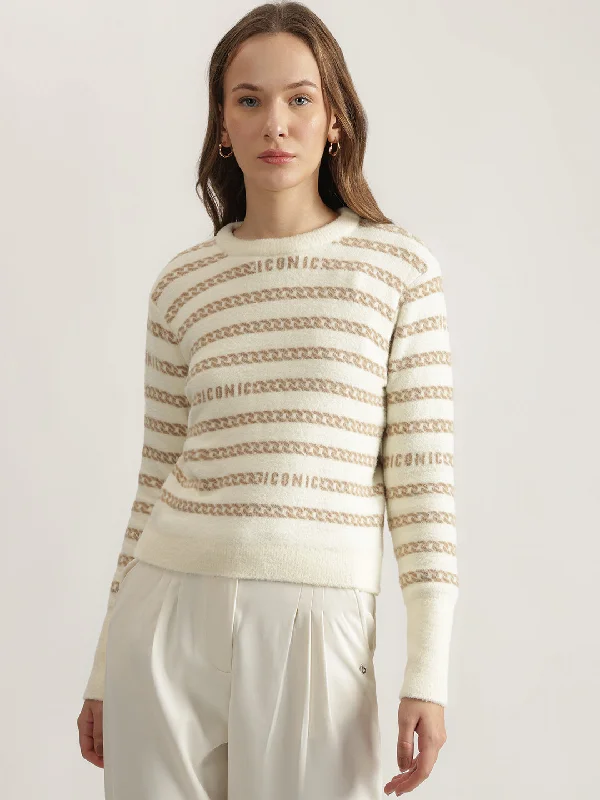 Iconic Women Cream Printed Round Neck Full Sleeves Pullover Style Sweater