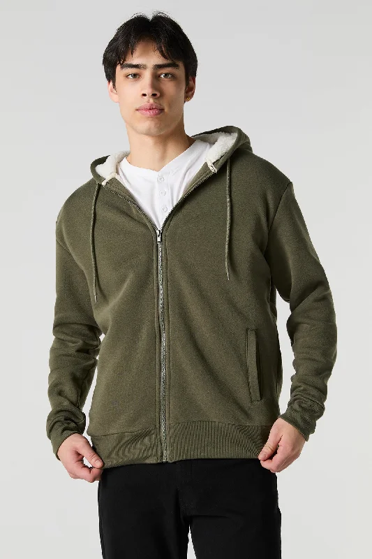 Sherpa Lined Zip-Up Fleece Hoodie