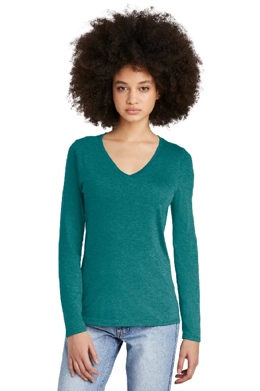 District Womens Perfect Tri Long Sleeve V-Neck T-Shirt - Heather Teal Green