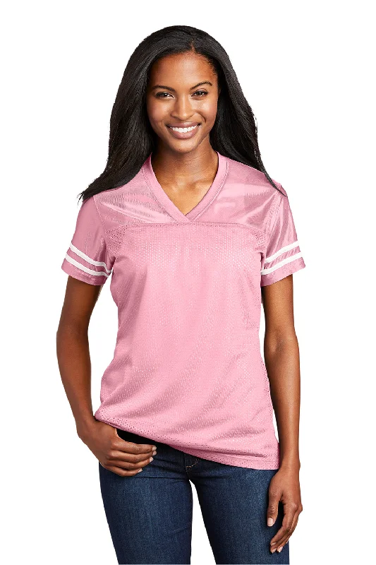 Sport-Tek Womens Short Sleeve V-Neck T-Shirt - Light Pink/White