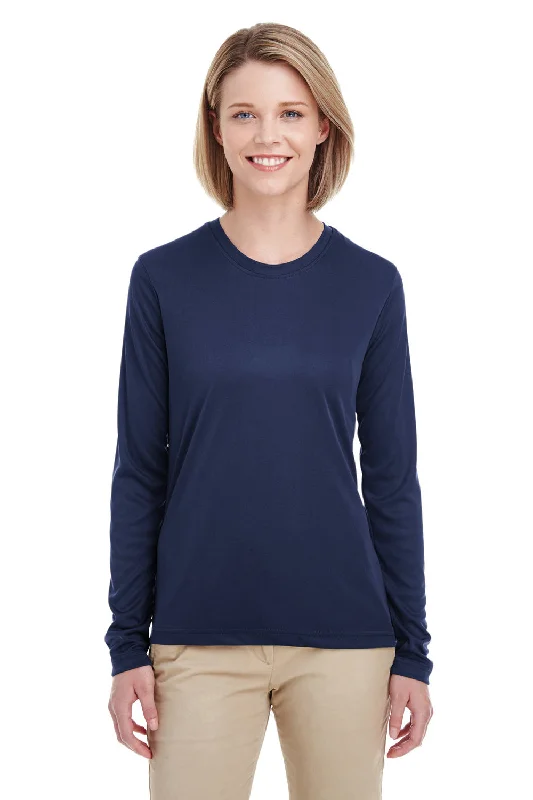 UltraClub Womens Cool & Dry Performance Moisture Wicking Long Sleeve Crewneck T-Shirt - Navy Blue