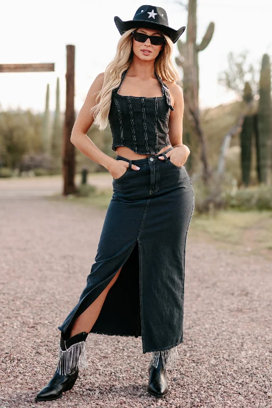 Covington Slit Front Denim Skirt (Graphite)