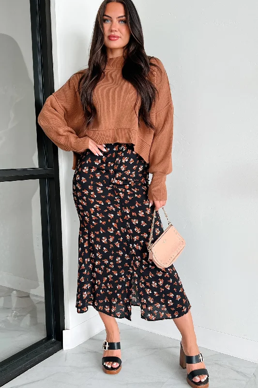 Fashionable Poise Button Detail Floral Midi Skirt (Black)