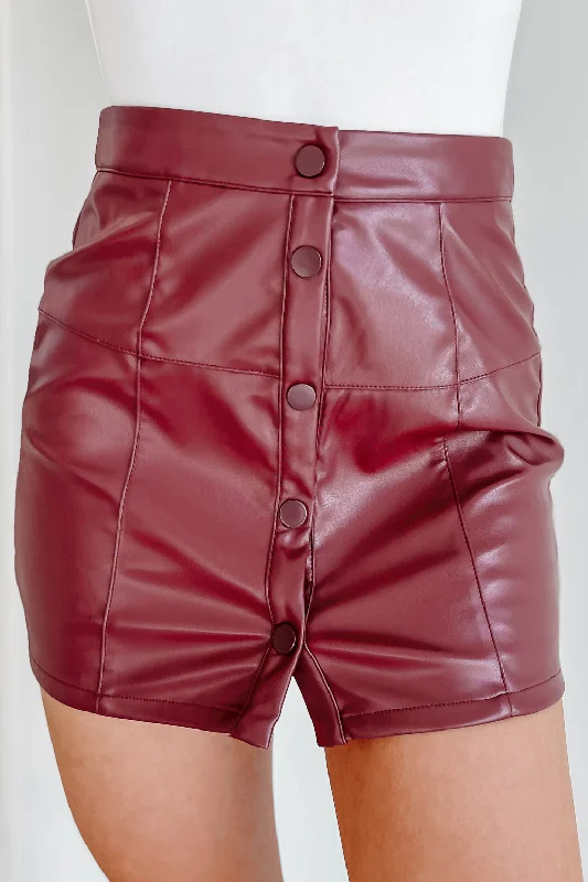 Jumpstart The Night Faux Leather Button-Front Mini Skirt (Wine)