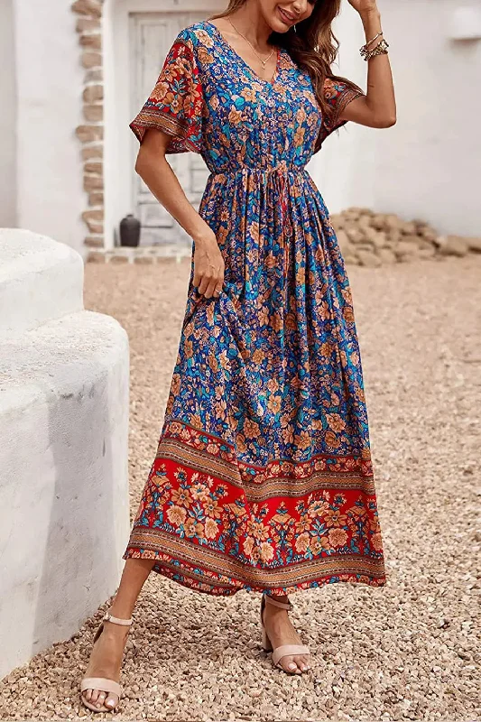 V Neck Floral Print Summer Boho High Waist Long Dresses