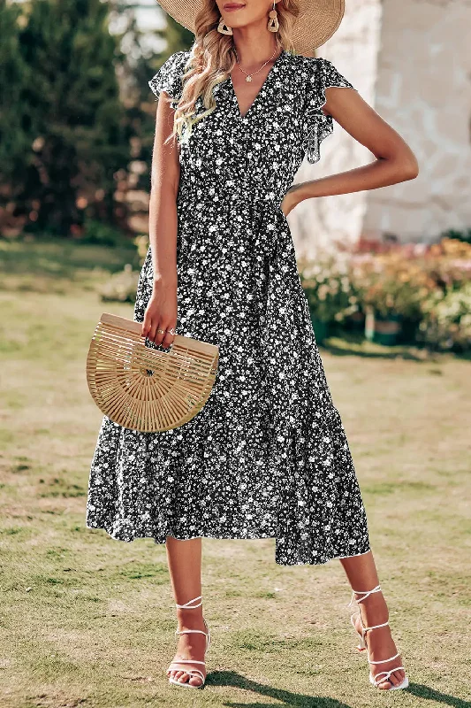 Wrap V Neck Ruffle Midi Sun Dress with Belt